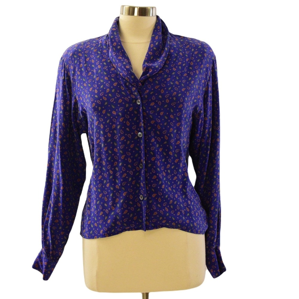 90s Vintage Liz Claiborne Silk Blouse Womens S 6 Purple Paisley Shawl Collar Top